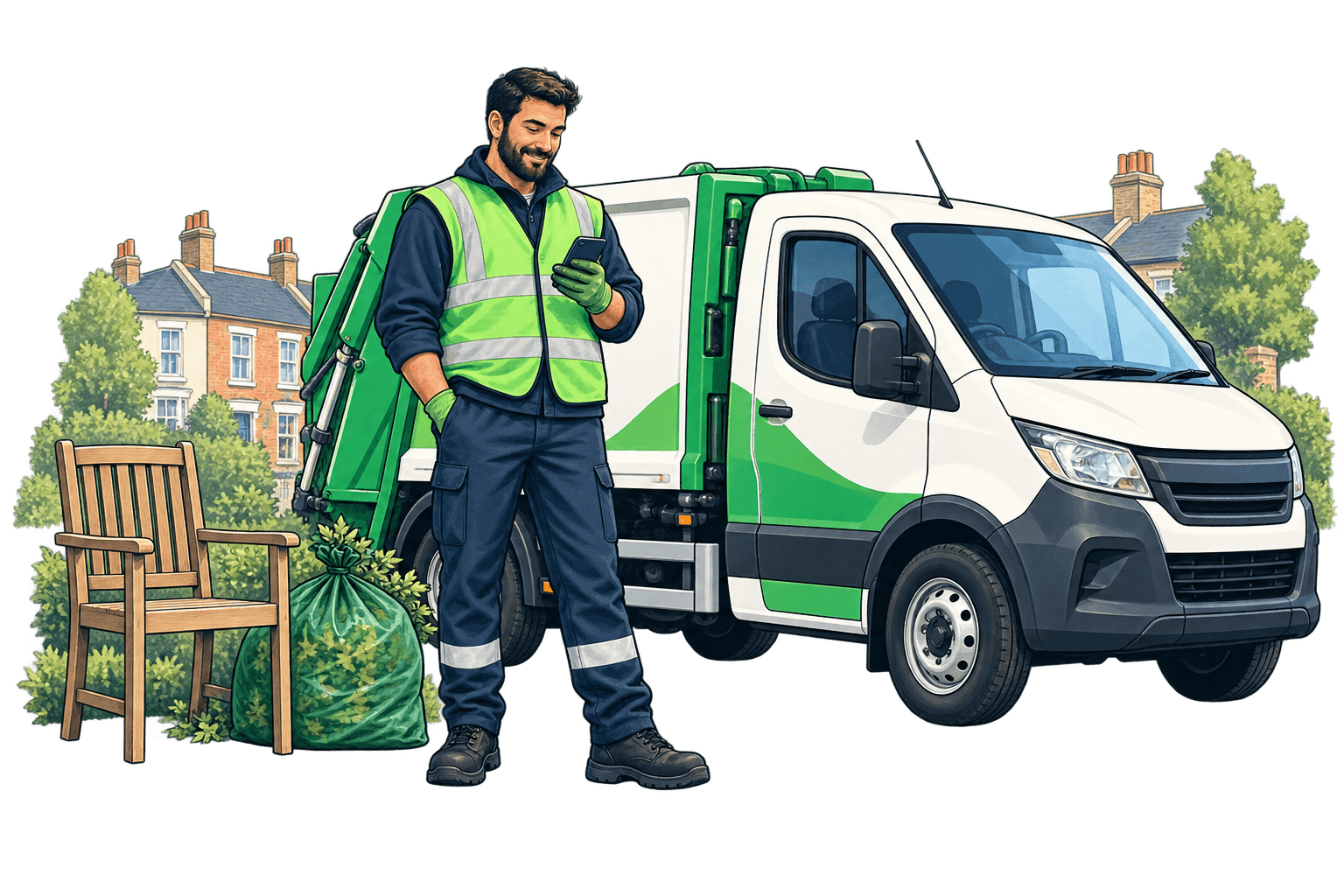 Illustration of a professional waste handler checking a phone beside a collection van