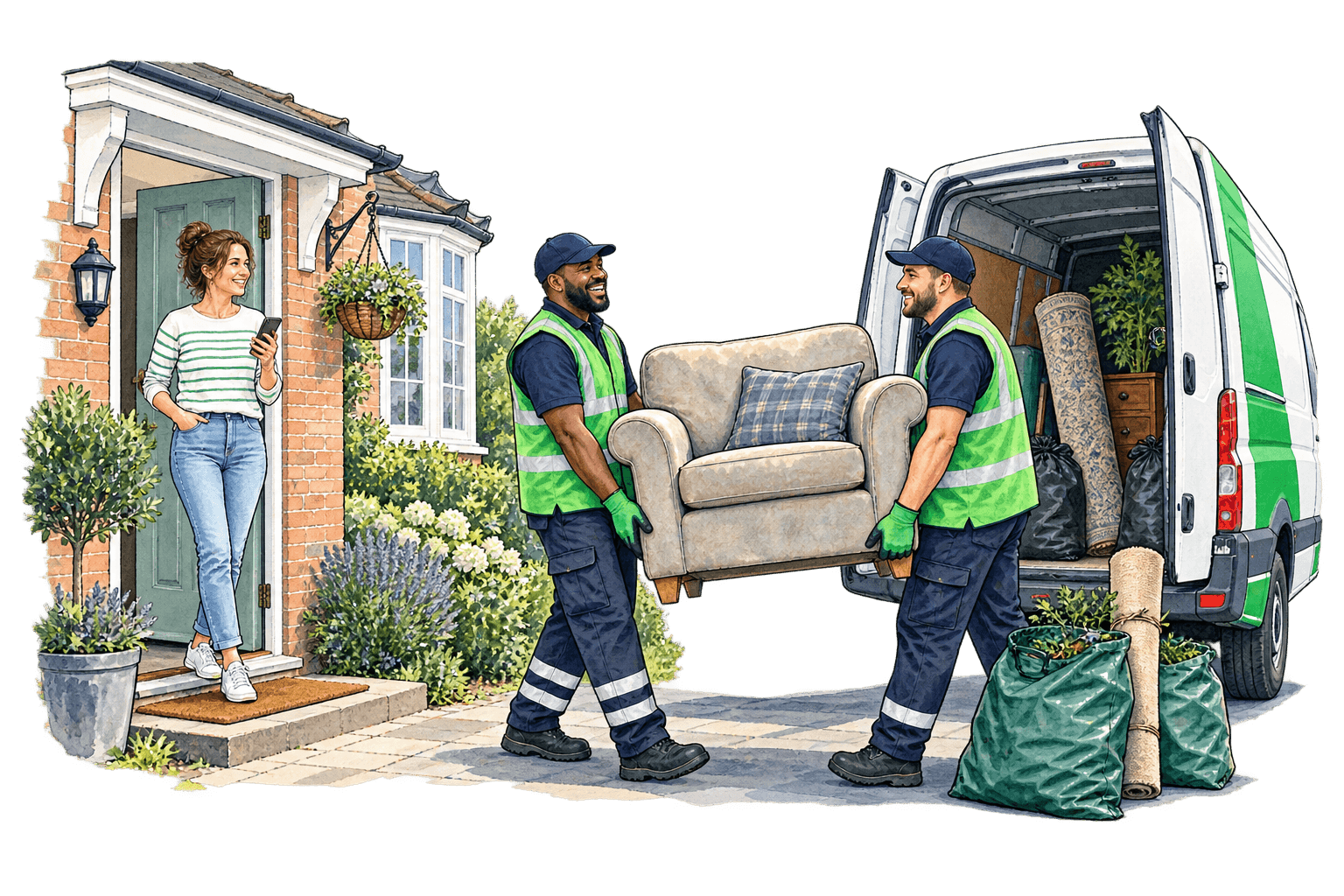 A homeowner outside her house while two waste collectors carry an old armchair to their van